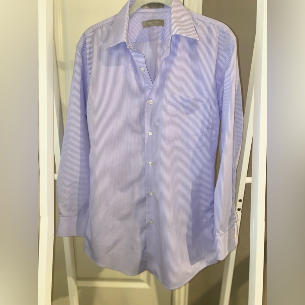 Nordstrom Men’s Trim Fit Long-Sleeve Dress Shirt in Lilac & White Stripes